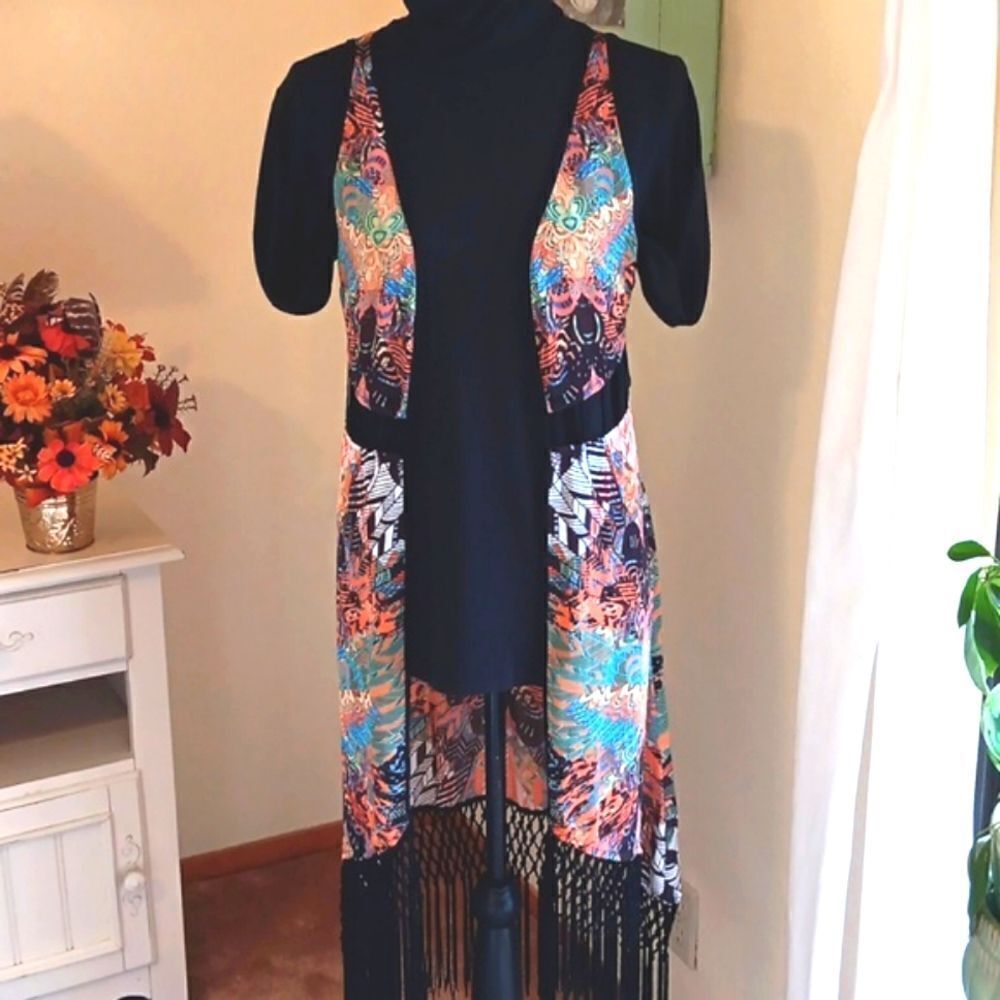 bebe Black Multi-Color Fringe Vest